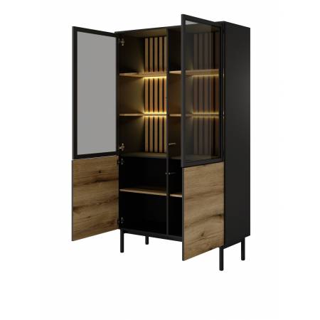 Witryna wysoka LAVARO czarny + dąb evoke LED